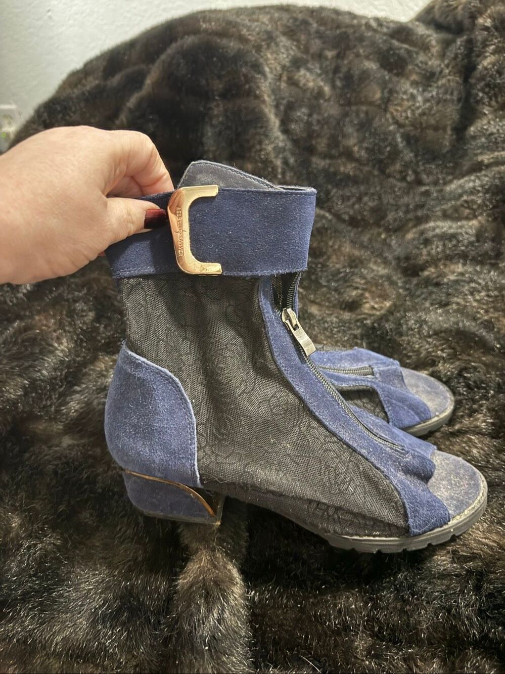 Rebeca Sanver suede Blue Boots With Roses peep toe booties 40 9.5